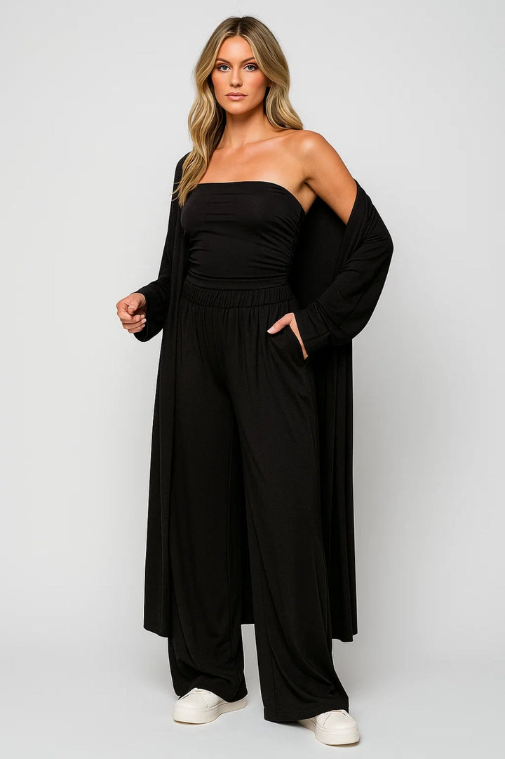 Women's Three-Piece Set – Cardigan, Wide-Leg Trousers & Strapless Top