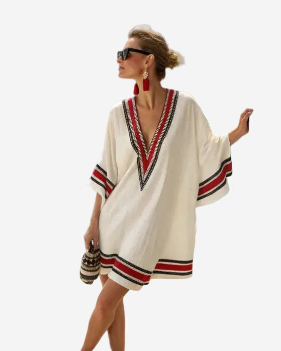 Women's Printed Kaftan Mini Dress – V-Neck Wide Sleeve
