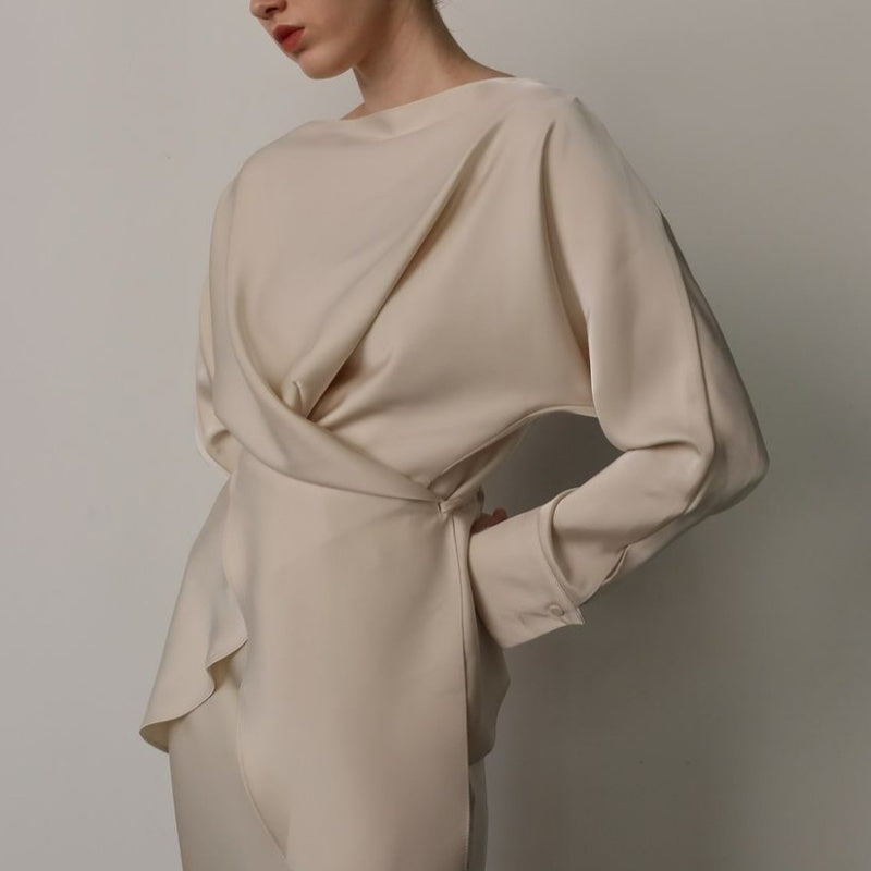 Satin Two Piece Set – Women's Long Sleeve Top & Floor-Length Skirt