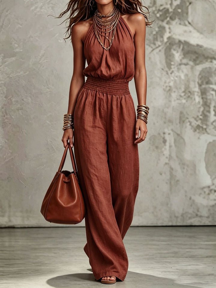 Women's Halter Neck Jumpsuit – Smocked Waist & Wide-Leg Fit