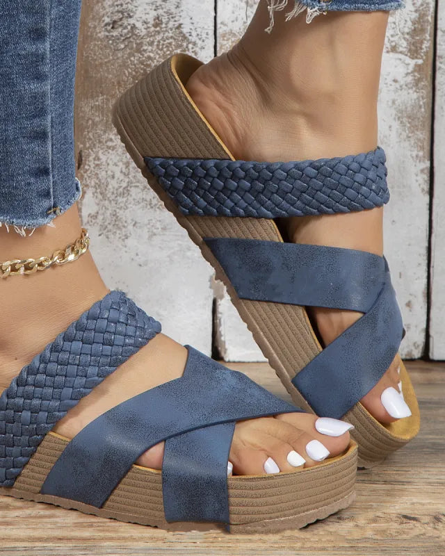 Platform Slide Sandals – Braided Crossover Strap, Open Toe