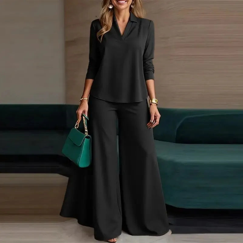 Women's Two Piece Set – Long Sleeve Blouse & Wide-Leg Trousers