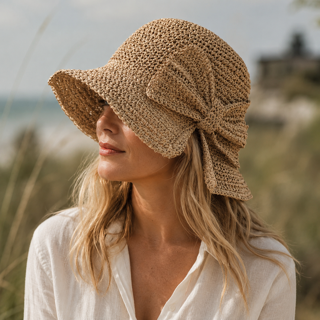 Women's Sun Hat – Woven Short Brim with Side Bow Detail