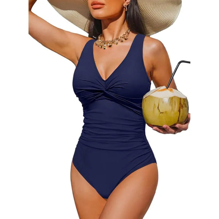 Twist-Front One-Piece Swimsuit – Ruched Waist &amp; V-Neckline