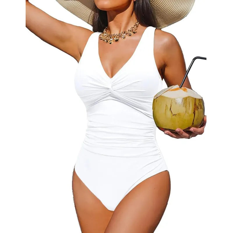 Twist-Front One-Piece Swimsuit – Ruched Waist &amp; V-Neckline