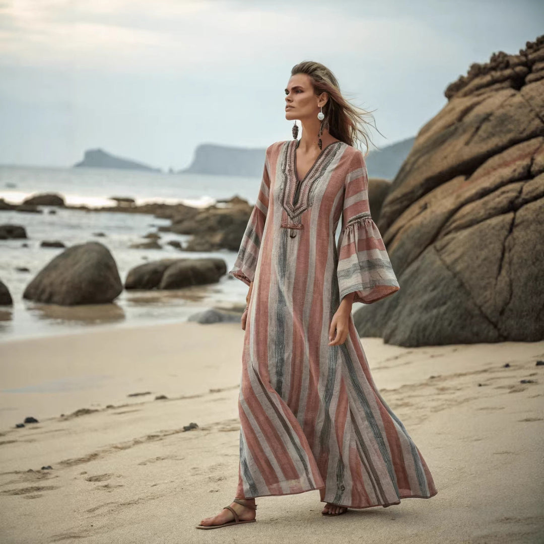 Women's Boho Maxi Dress – V-Neck Kaftan with Stripe Trim