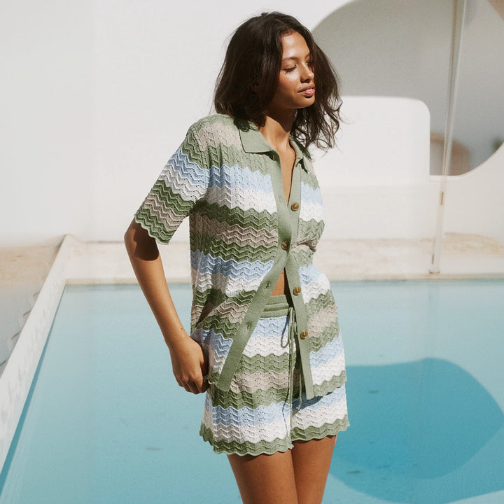 Women's Crochet Knit Cover Up Set – Striped Two Piece