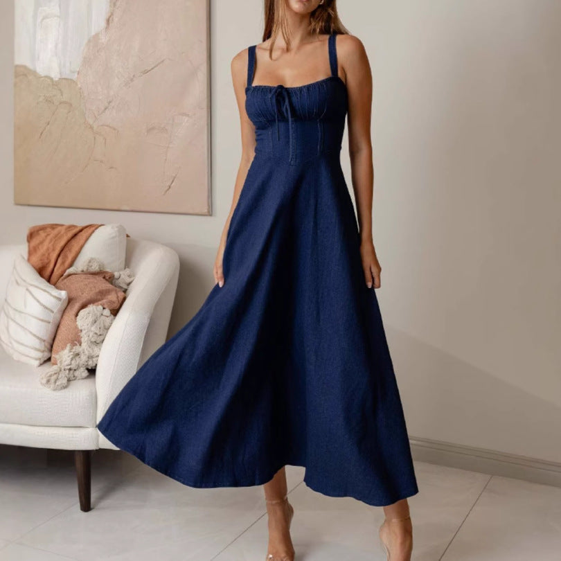 Women's Denim Corset Midi Dress – Square Neck A-Line Tie Front
