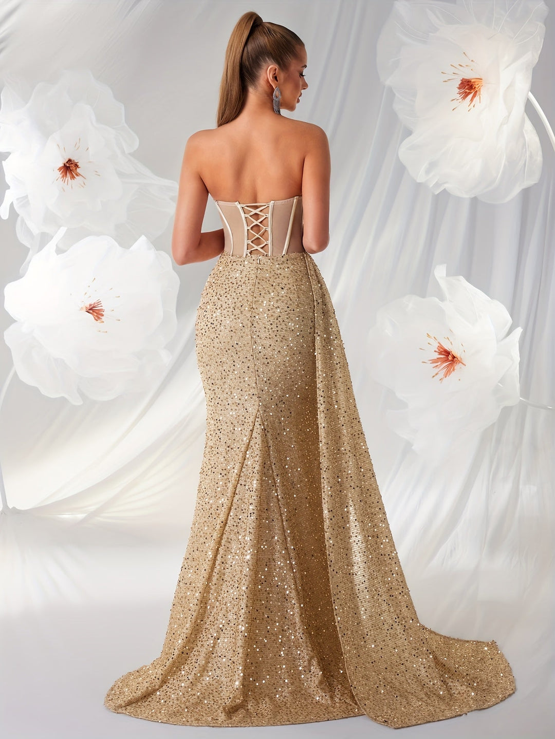 Women's Sequin Strapless Evening Gown – Corset Waist & Slit