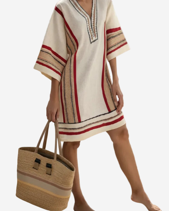 Women's Printed Kaftan Mini Dress – V-Neck Wide Sleeve
