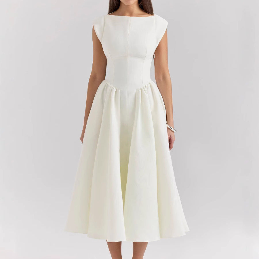 Open Back Midi Dress – Backless Fitted Waist & Flowing Skirt