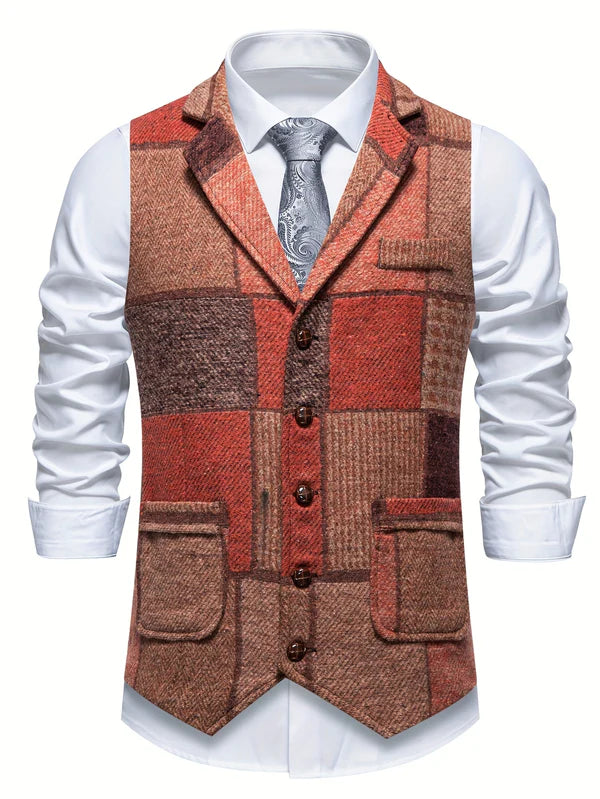 Men's Patchwork Herringbone Waistcoat – Single Breasted Woven Vest