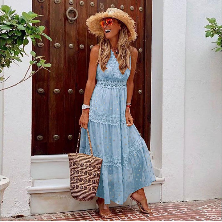 Boho Maxi Dress – Lace Trim, Sleeveless V-Neck | Women's