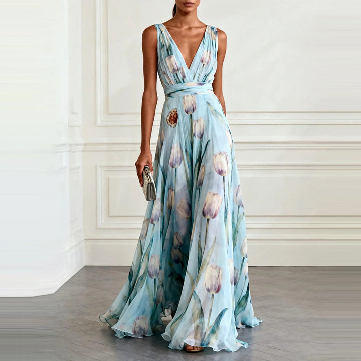Women's Tulip Print Wrap V-Neck Sleeveless Maxi Dress