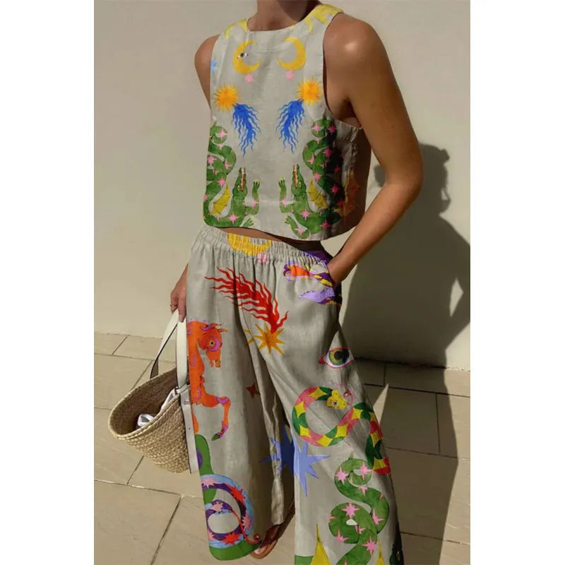 Two Piece Set Women – Cropped Top &amp; Wide Leg Pants, Elastic Waist