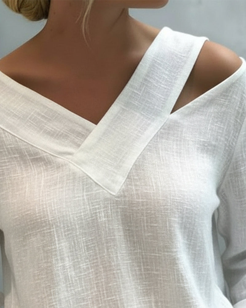Women's Textured Long Sleeve Blouse – Asymmetric V-Neck