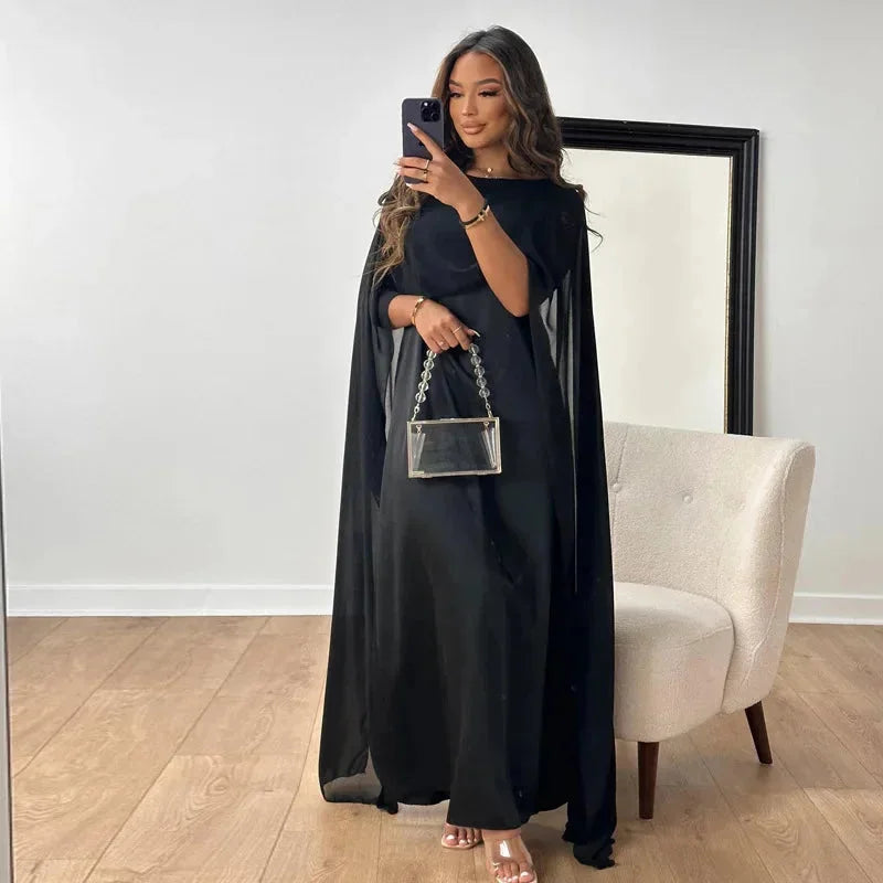 Women's Cape Overlay Maxi Dress Round Neck – Draped Sleeve Floor Length