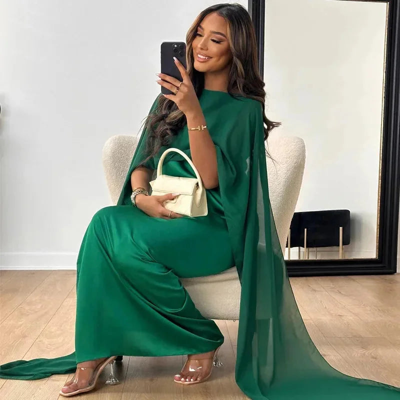 Women's Cape Overlay Maxi Dress Round Neck – Draped Sleeve Floor Length