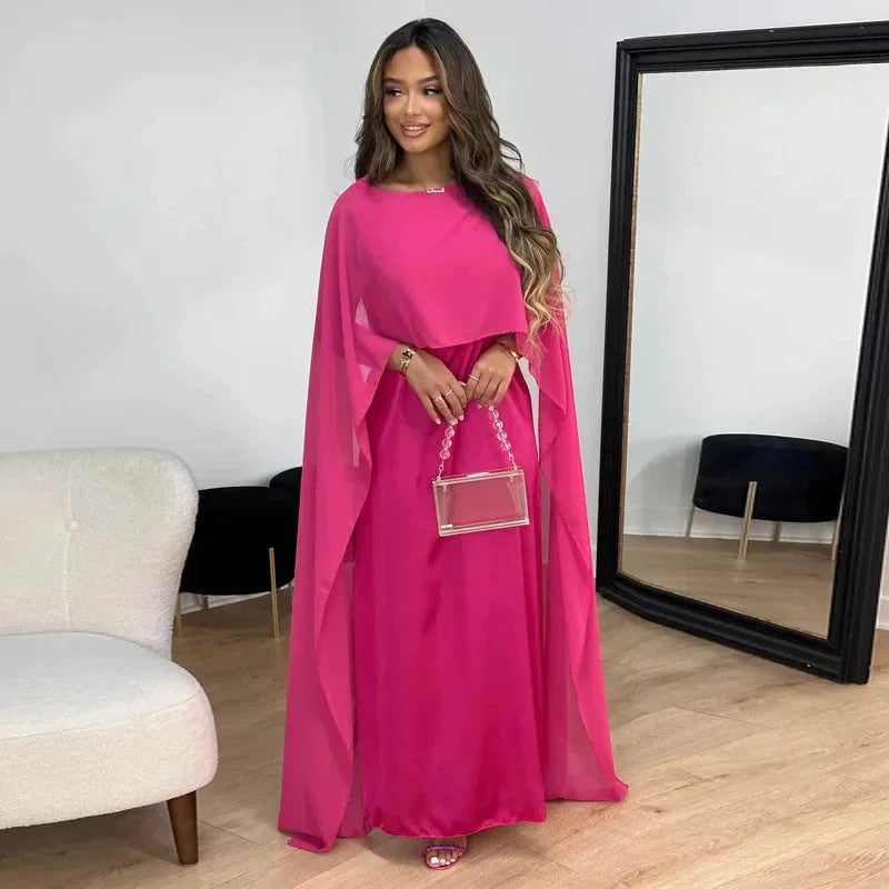 Women's Cape Overlay Maxi Dress Round Neck – Draped Sleeve Floor Length
