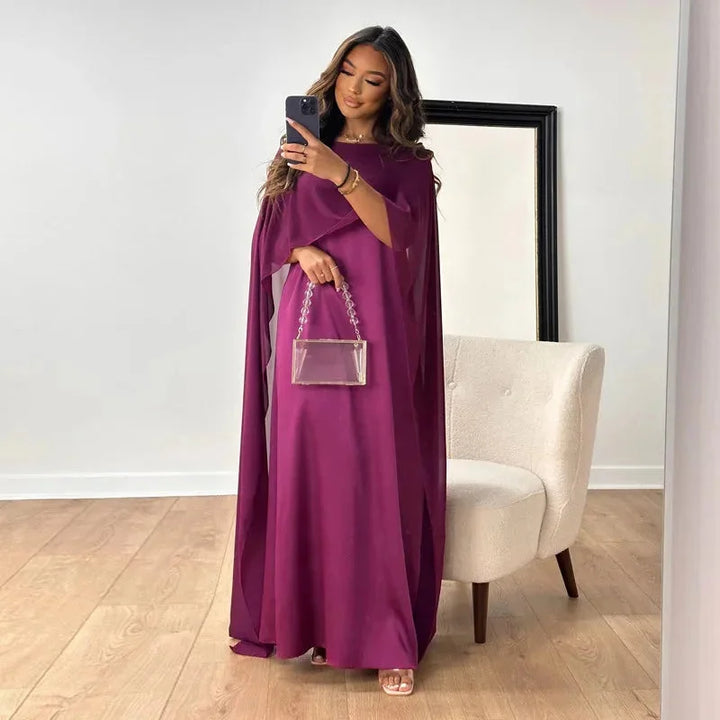 Women's Cape Overlay Maxi Dress Round Neck – Draped Sleeve Floor Length