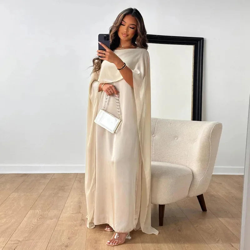 Women's Cape Overlay Maxi Dress Round Neck – Draped Sleeve Floor Length