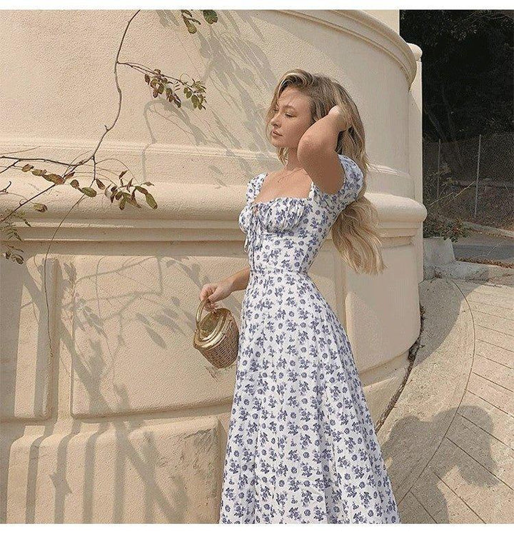 Women's Floral Midi Dress Square Neck Puff Sleeves – Flowing A-Line