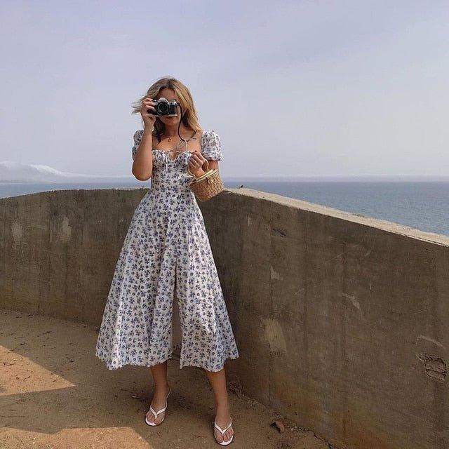 Women's Floral Midi Dress Square Neck Puff Sleeves – Flowing A-Line