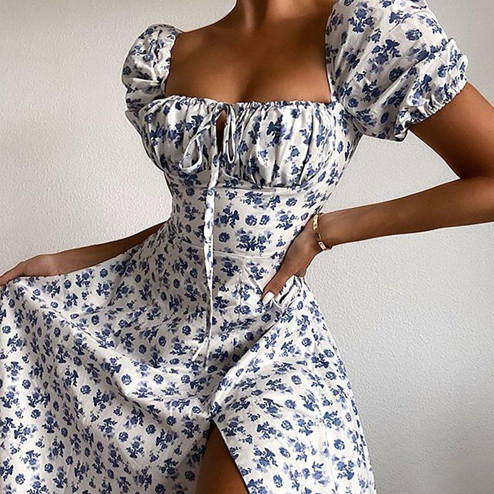 Women's Floral Midi Dress Square Neck Puff Sleeves – Flowing A-Line