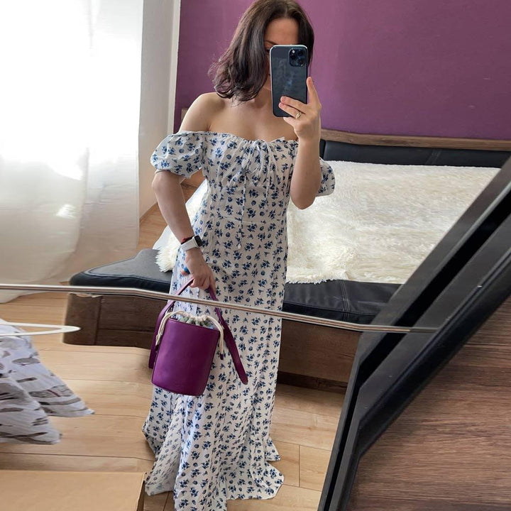 Women's Floral Midi Dress Square Neck Puff Sleeves – Flowing A-Line
