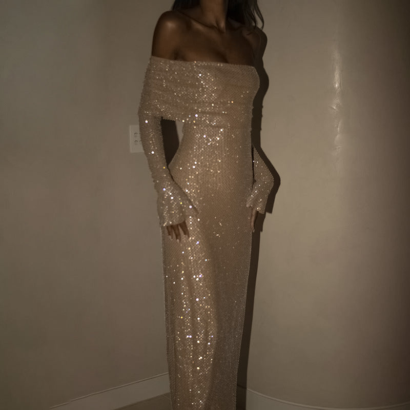 Bodycon Off Shoulder Maxi Dress – Shimmer Stretch Gown