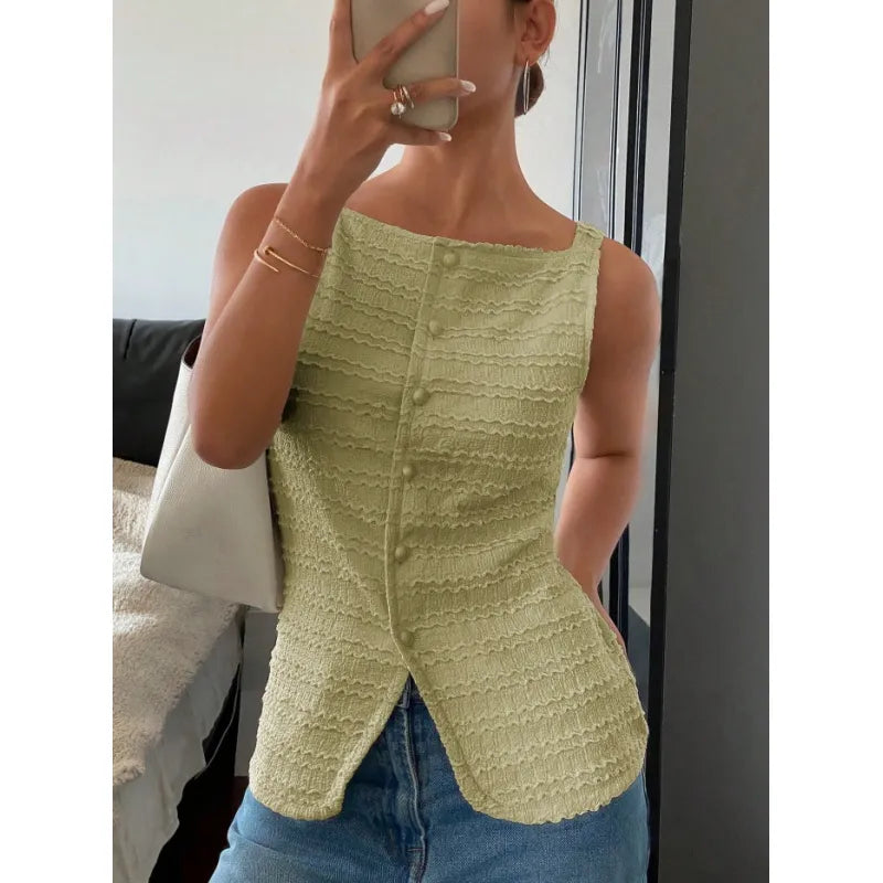 Women's Textured Sleeveless Top – Square Neck Button Front