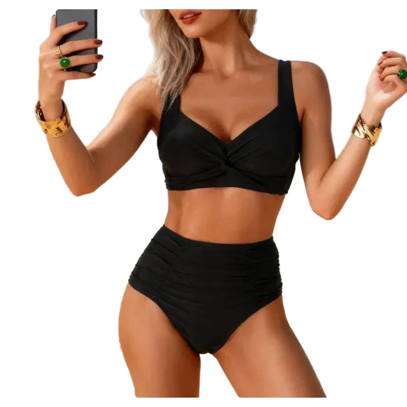 High-Waist Ruched Bikini Set – Twist-Front Top