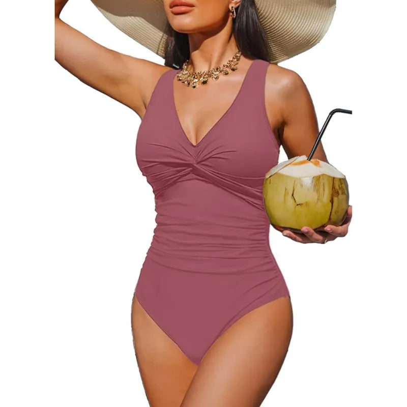 Twist-Front One-Piece Swimsuit – Ruched Waist &amp; V-Neckline