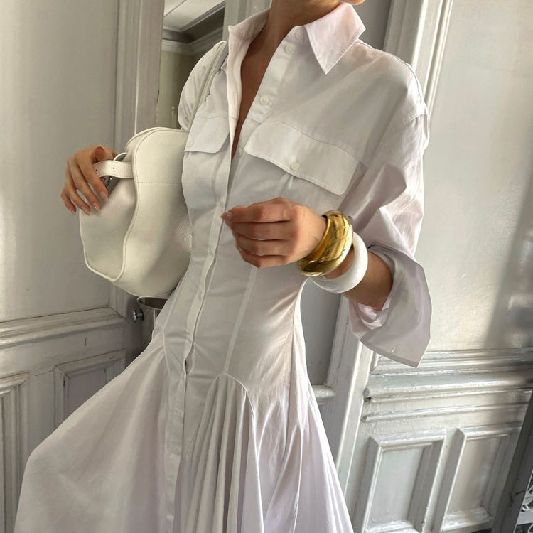 Women's Cotton Drop Waist Shirt Dress – Pleated A-Line Button-Front