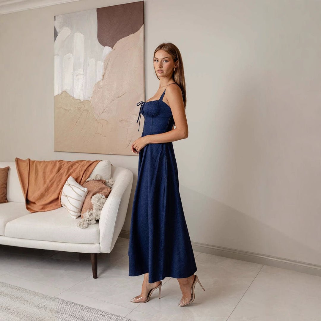 Women's Denim Corset Midi Dress – Square Neck A-Line Tie Front