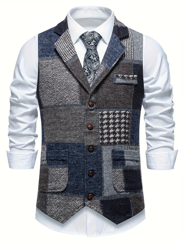 Men's Patchwork Herringbone Waistcoat – Single Breasted Woven Vest