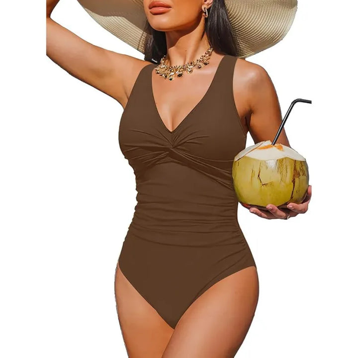Twist-Front One-Piece Swimsuit – Ruched Waist &amp; V-Neckline