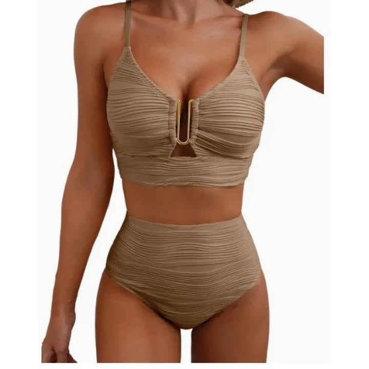 High-Waist Ribbed Bikini Set – Tummy Control U-Ring Detail