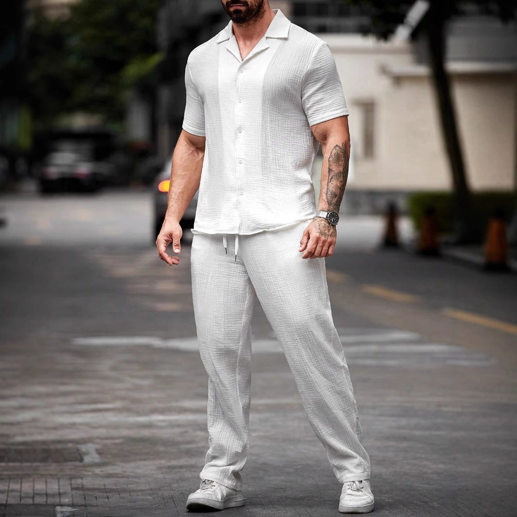 Men's Two Piece Set – Camp Collar Shirt & Straight Leg Trousers