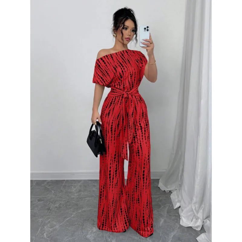 One-Shoulder Jumpsuit – Wide Leg Abstract Print for Women