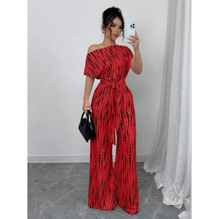 One-Shoulder Jumpsuit – Wide Leg Abstract Print for Women