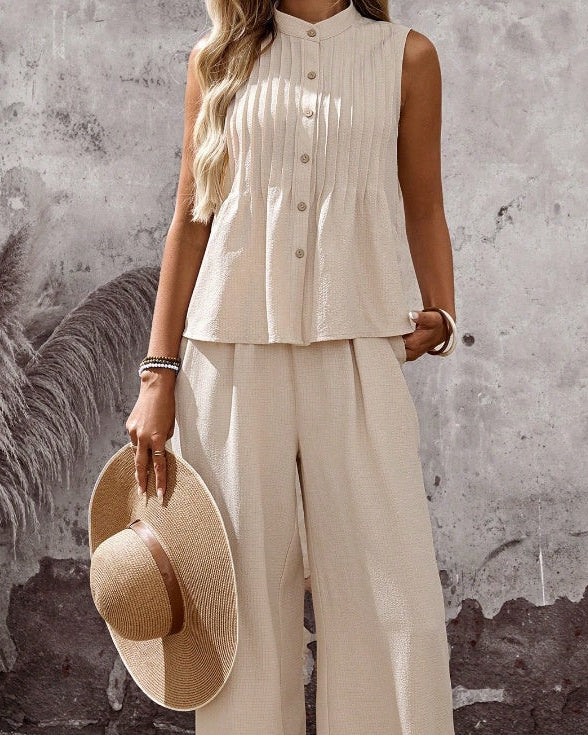 Women's Two Piece Set, Sleeveless Pintuck Top & Wide-Leg Pants