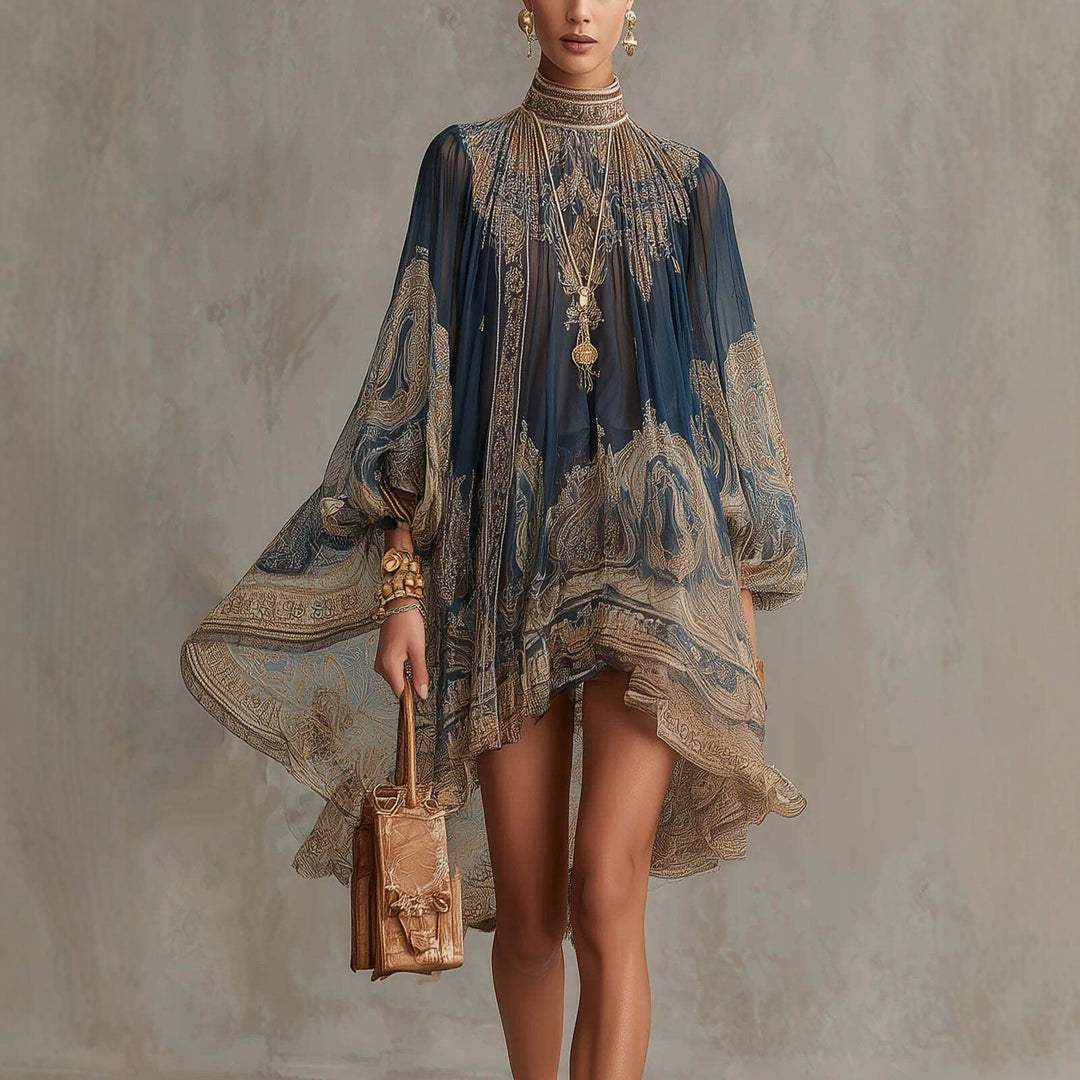 Baroque Print Mini Dress – High Neck & Billowing Sleeves