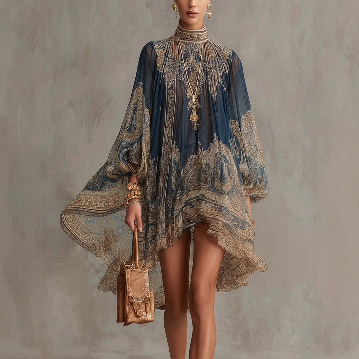 Baroque Print Mini Dress – High Neck & Billowing Sleeves