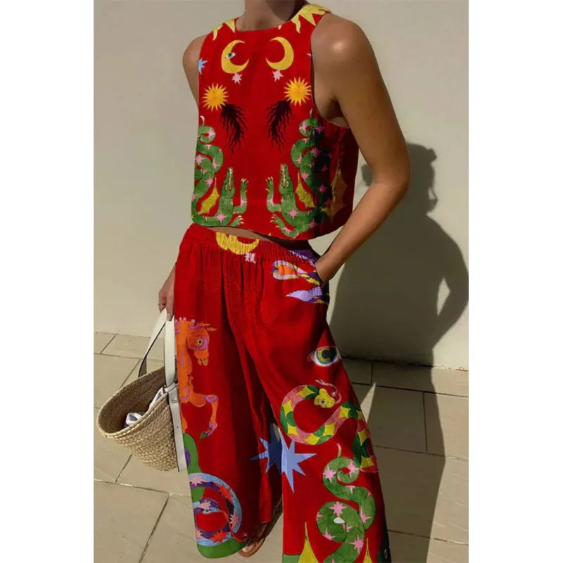 Two Piece Set Women – Cropped Top &amp; Wide Leg Pants, Elastic Waist