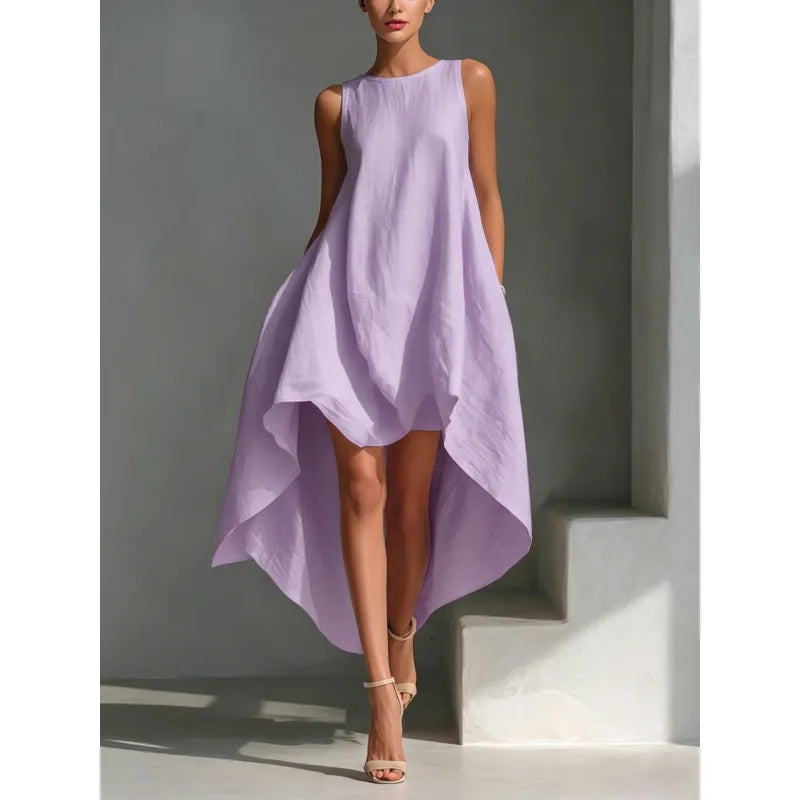 Flared Sleeveless Midi Dress – Asymmetrical Crew Neck A-Line
