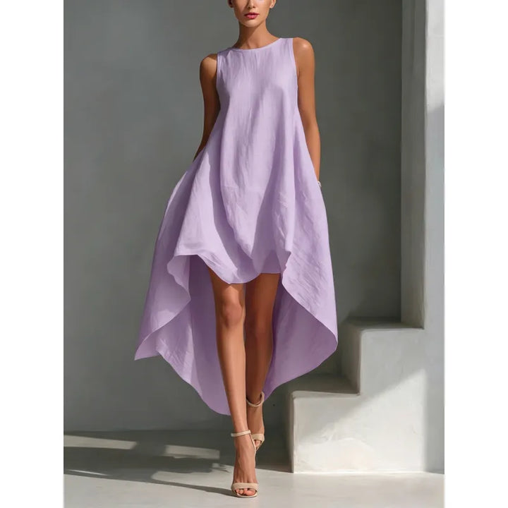 Flared Sleeveless Midi Dress – Asymmetrical Crew Neck A-Line