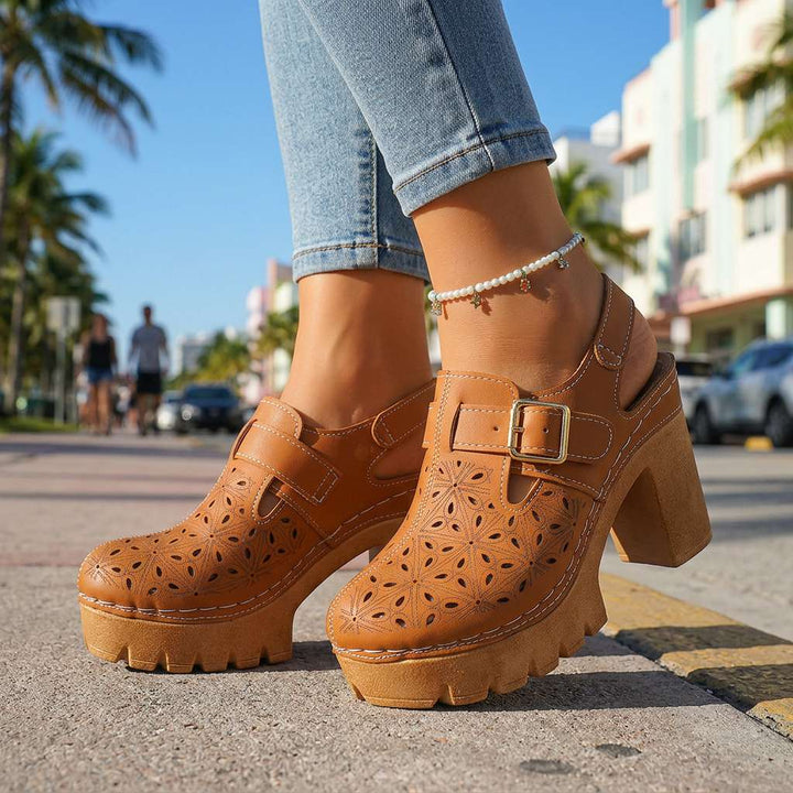 Women's Platform Cutout Block Heel Clogs – Floral Perforated