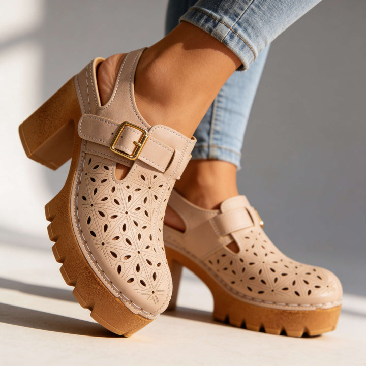 Women's Platform Cutout Block Heel Clogs – Floral Perforated