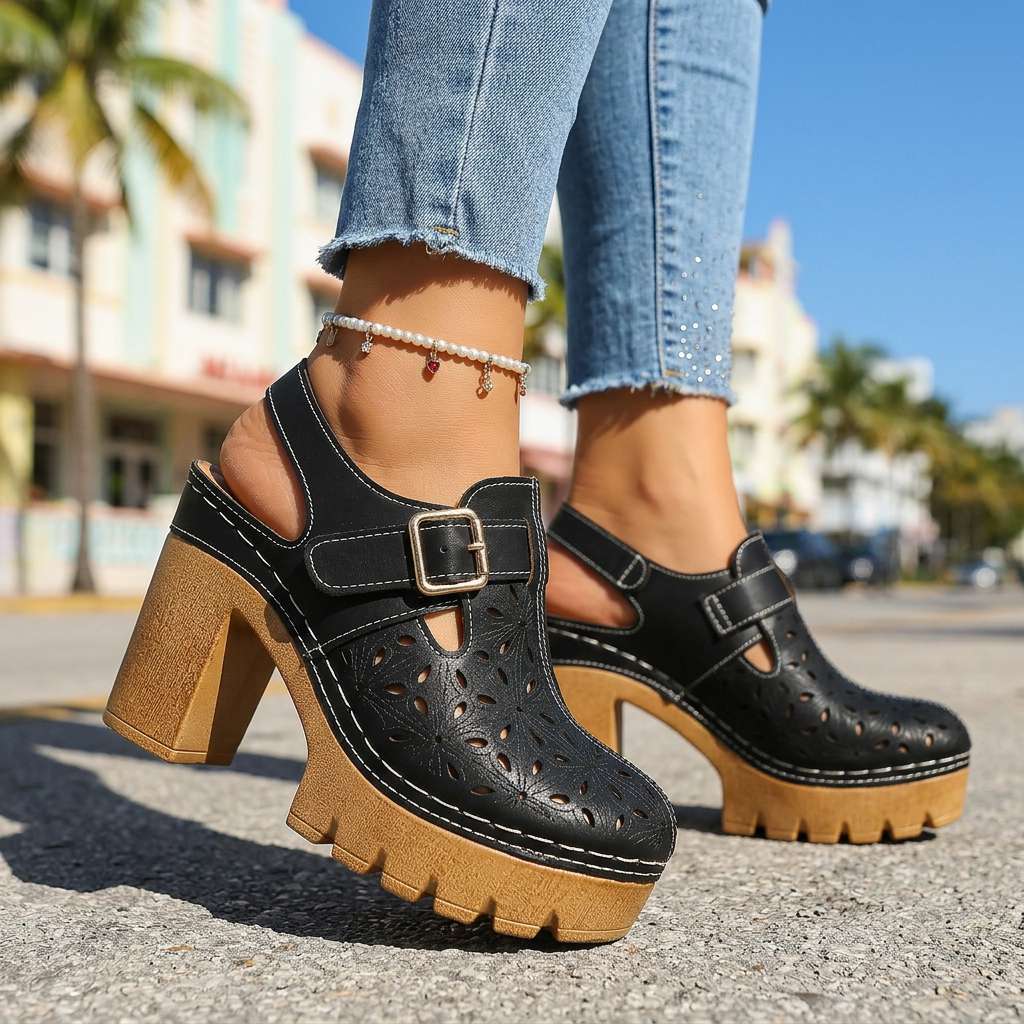 Women's Platform Cutout Block Heel Clogs – Floral Perforated